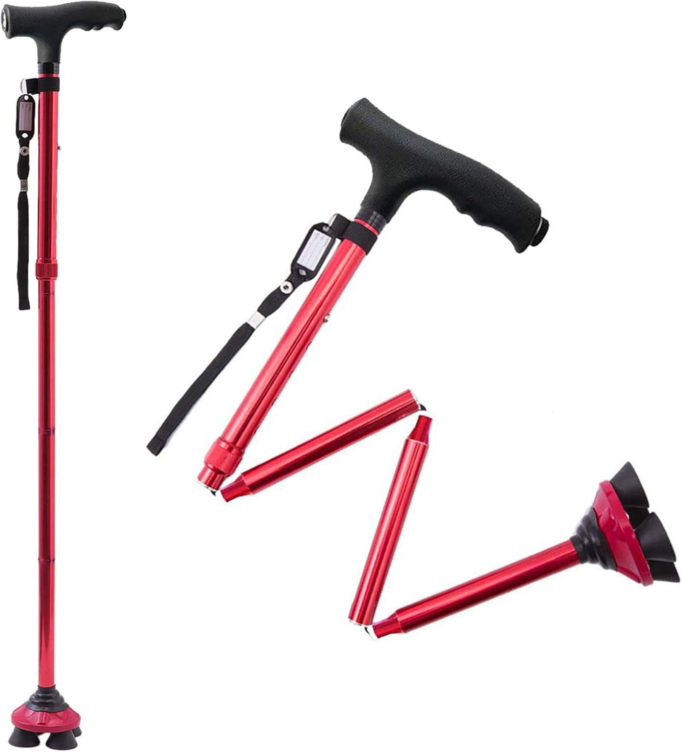 BigAlex Folding Walking Cane with LED Light,Pivoting Quad Base,Adjustable Walking Stick with Carrying Bag for Men/Women(5'5''-6'3'' Red) : Health & Household