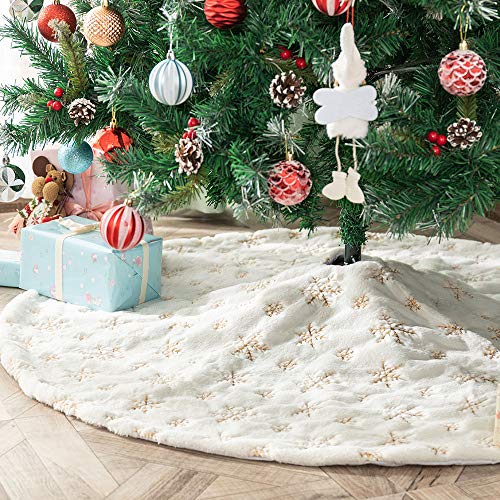 Atiming White Plush Christmas Tree Skirt with Gold Snowflake 90cm Luxury Embroidery Snow