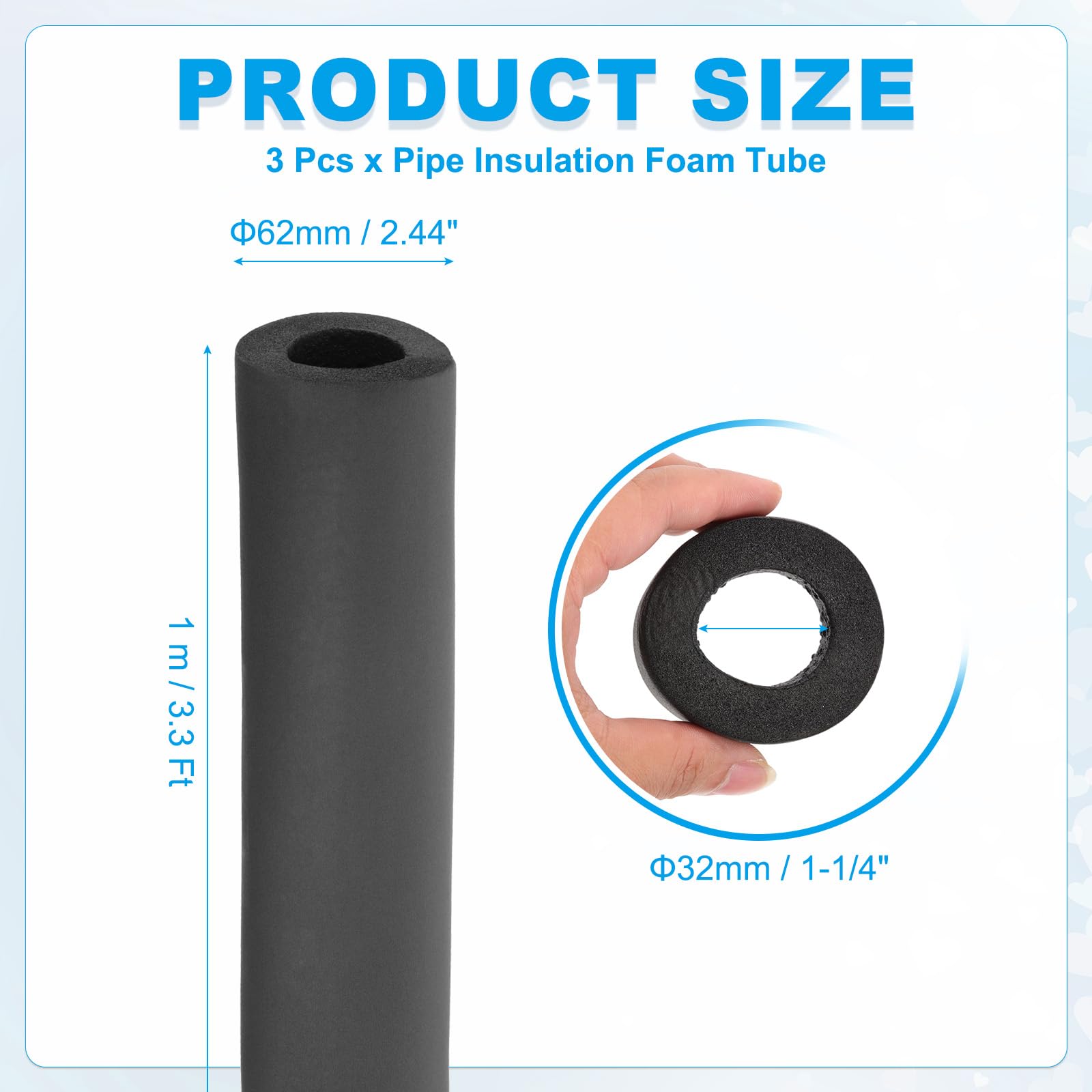 PATIKIL Aislamiento de Tuberías, 32mm Espuma Tubo Térmico Aislante, 3Pcs Barra Enrollable para Cubierta de Tuberías Suaves para Conductos de Aire Acondicionado HVAC 1m x15mm, Negro