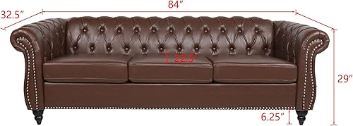 Miniatura 2 de RARZOE Moderno sofá Chesterfield de poliuretano de 3 plazas, sofá Chesterfield tapizado de piel con botones capitoné, sofá clásico de piel sintética
