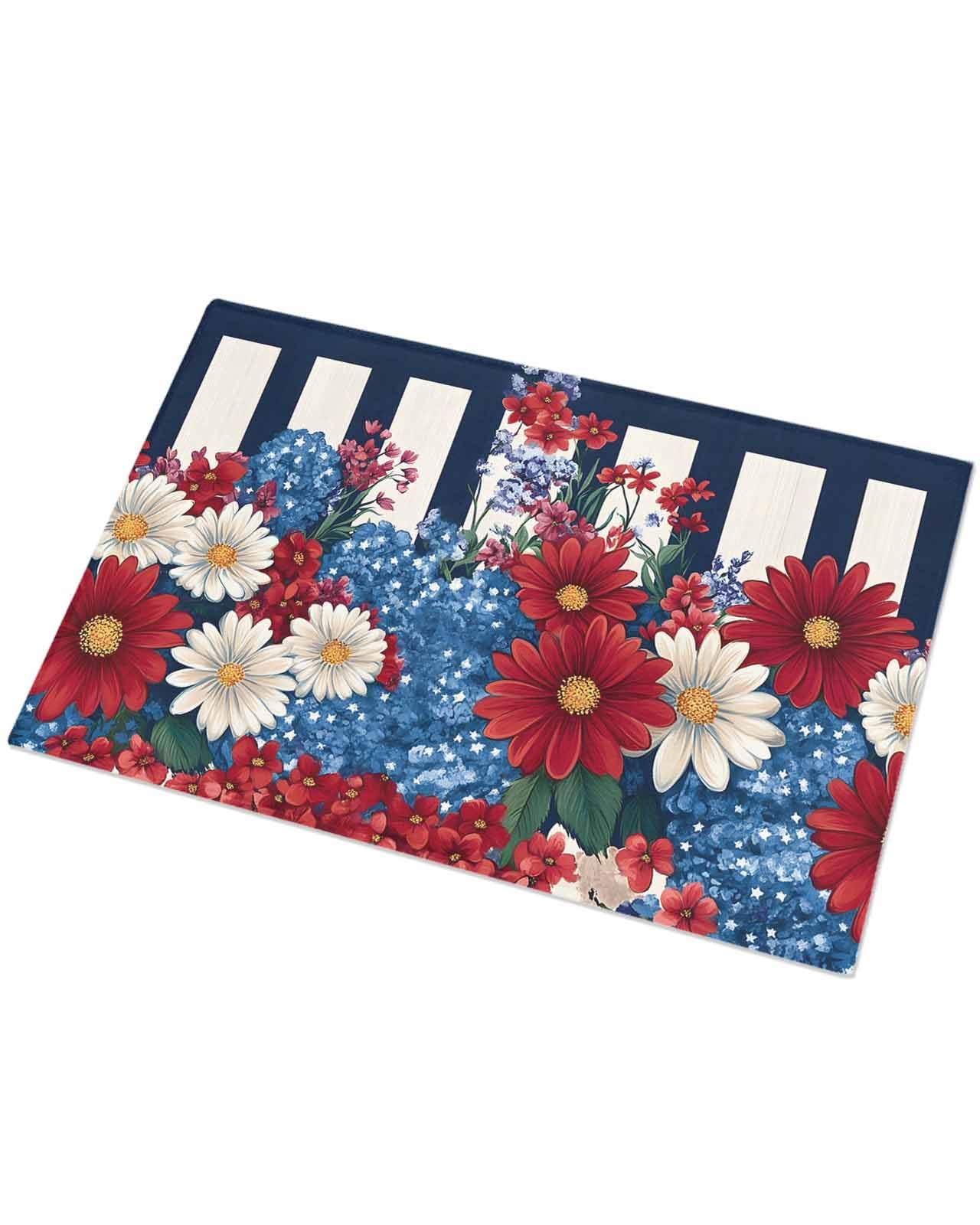 Indoor Doormat Red Blue White Flowers,Shaggy Floor Mat with Non-Skid Backing Floral on Dark Blue Beige Stripe,Machine Washable Plush Area Rug Carpets for Kitchen Nursery Bedroom