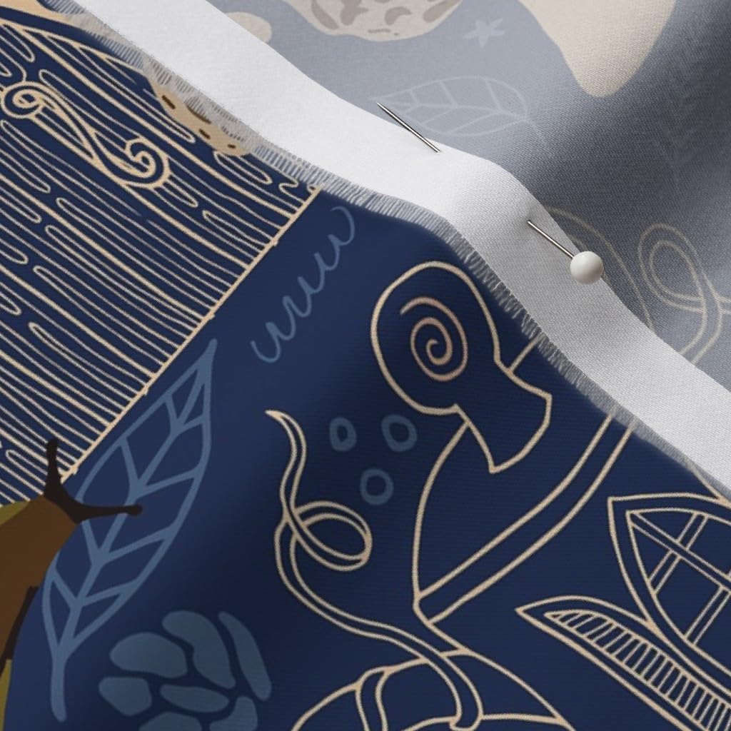 Spoonflower Fabric - Forest Blue Gold Nature Snail Fantasy Bugs Printed on Organic Cotton Sateen Fabric by The Yard - Sewing Quilting Apparel Home Decor