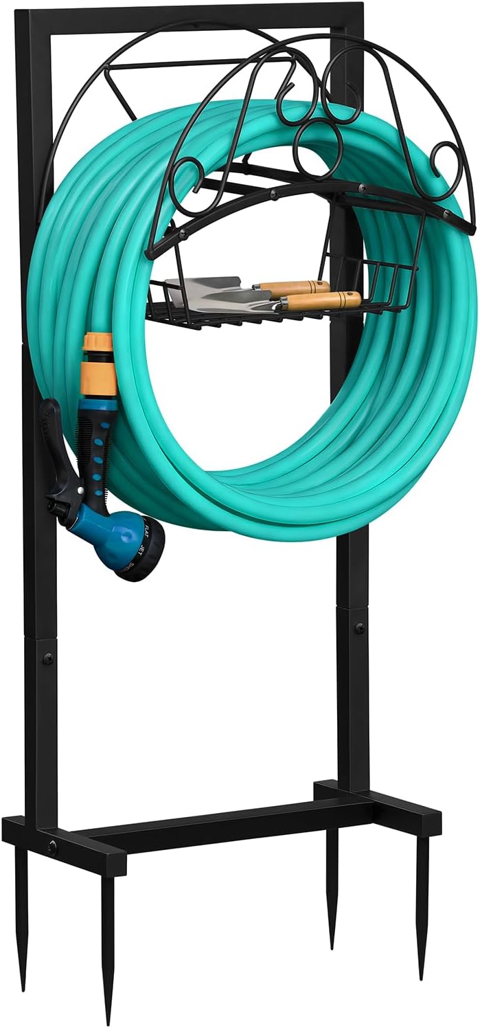 ATR ART TO REAL Garden Hose Holder, Heavy Duty Water Hose Reel For Outside Garden Hose Storage Hose Hanger Holds 150-Feet for Yard Lawn Farm (Style C + Basket)