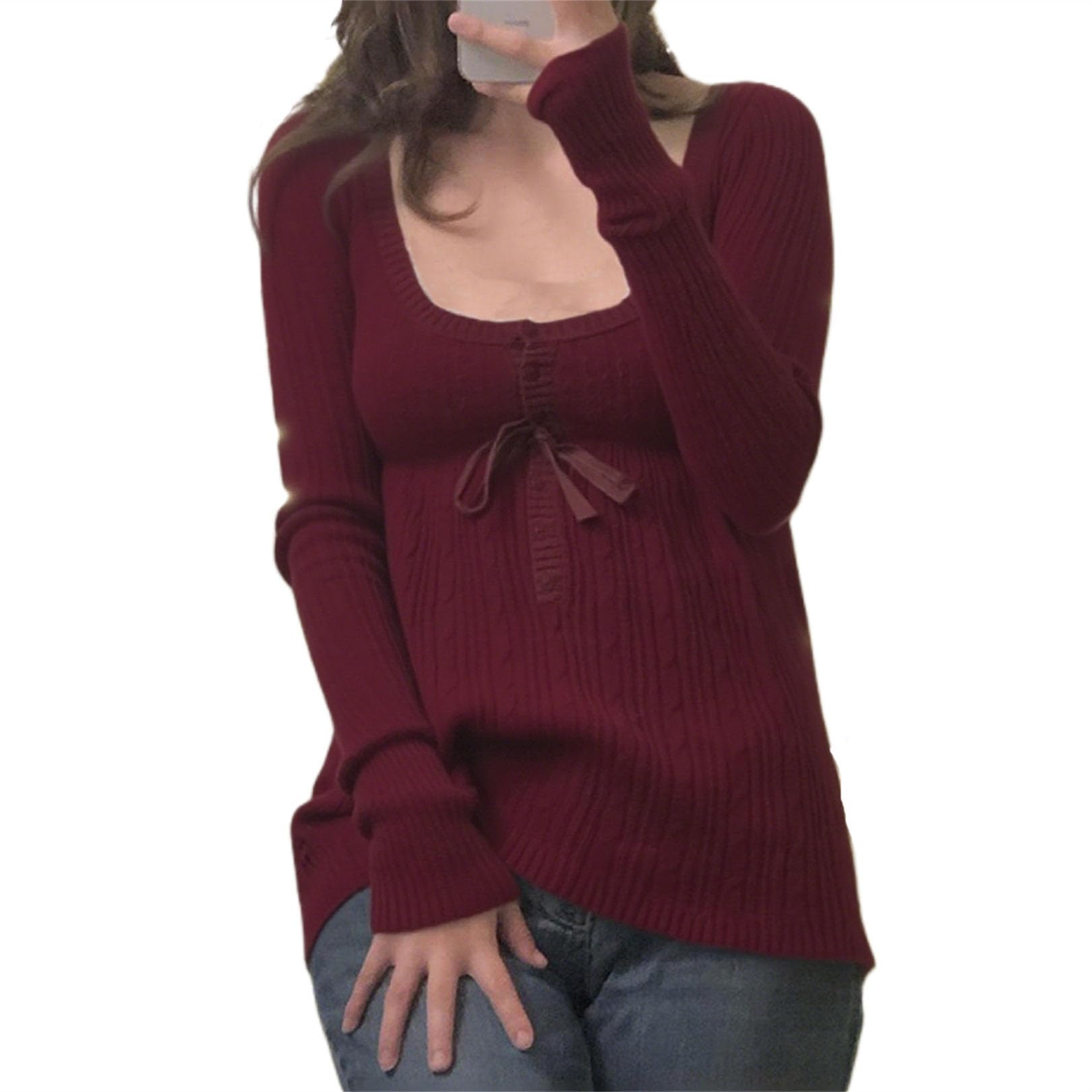 Y2K Babydoll Sweaters for Women Cute Slim Fit Square Neck Long Sleeve Knit Pullover Top Fairycore Fall Trendy