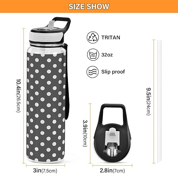 Black and White Polka Dot Water Bottle 32oz with Straw Lid, BPA-Free & Leakproof Tritan Clear Water Bottles for School Sports Gym Drinking