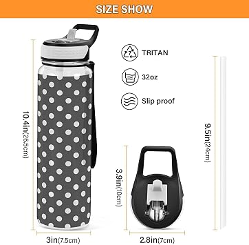 Black and White Polka Dot Water Bottle 32oz with Straw Lid, BPA-Free & Leakproof Tritan Clear Water Bottles for School Sports Gym Drinking