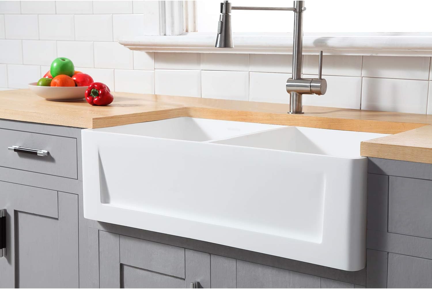 Gourmetier GKFA331810SQD Solid Surface Double Bowl Farmhouse Kitchen Sink, Matte White