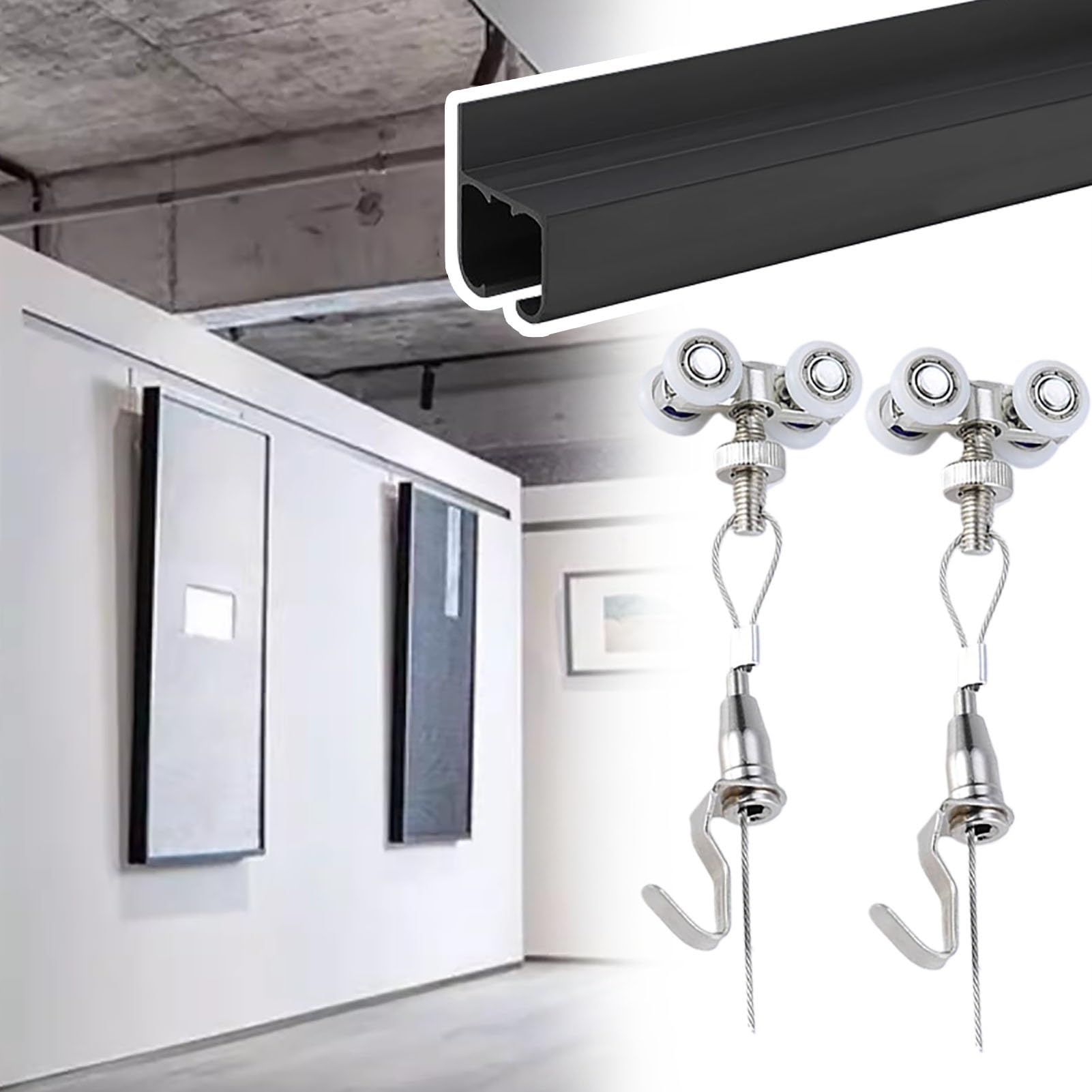 STUIJKVSZ Ceiling/wall Mount Picture Track Gallery Rail, Professional Hanging Tool With Sliding Pulleys, Adjustable Hooks Photo Frame Display Shelf(Wall Mount,114cm/45in/3.7ft)