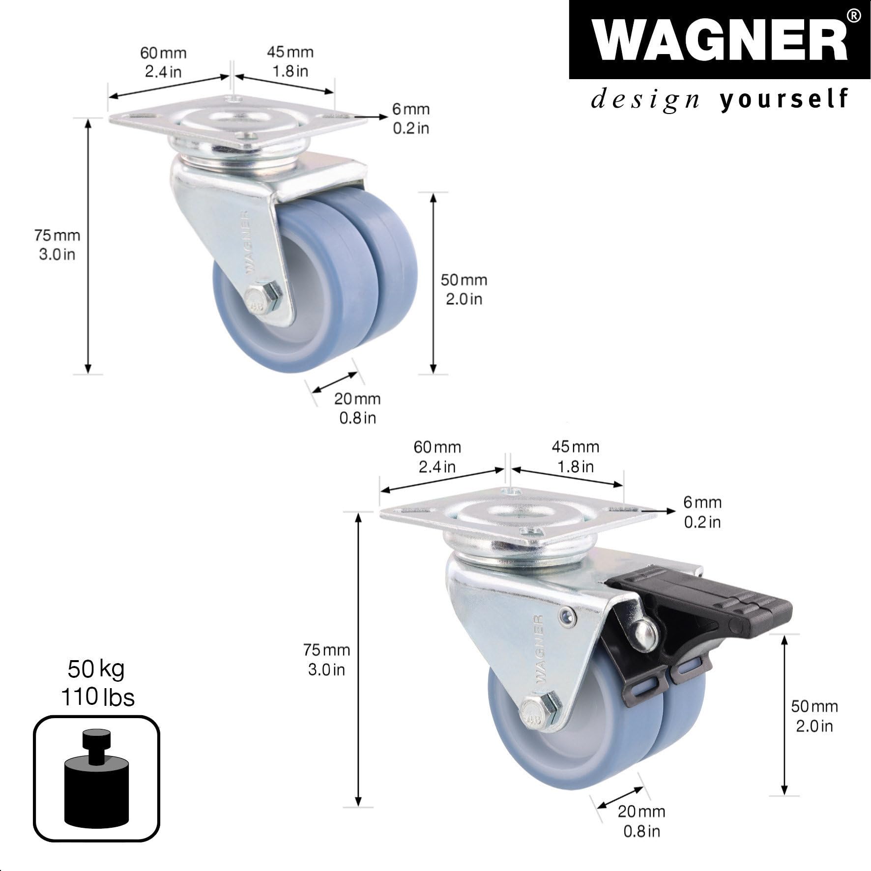 WAGNER Strandkorbrollen 4tlg. Set/Apparaterollen/Doppelrollen - ULTRASOFT - Durchmesser Ø 50 mm, Bauhöhe 75 mm, 2 Feststeller, Anschraubplatte 60 x 60 mm, Tragkraft 300 kg/Set - 02155200