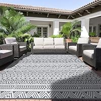 Alishomtll Outdoor Teppich Wetterfest 120x180cm, PP Wasserdichter Kunststoff Terrasse Teppich, Garten Balkon Wendbar UV-beständige Carpet, Außenteppich Camping für BBQ Picknick, Weiß Grau