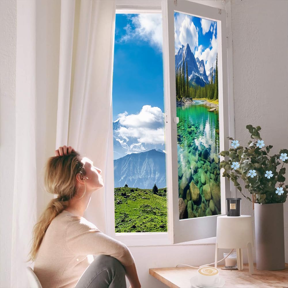 Beautiful Mountain Lake Window Film Decorative Turquoise Grove Natural Landscape Stained Glass Window Film Sun Blocking Heat Control No Glue Window Covering Film for Home 70x120cm