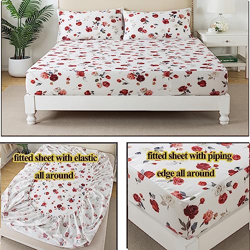 Image of FADFAY Rose Sheets Set Queen Vintage White Rose Floral Bedding Chic Red Rose Bed Sheets Shabby Farmhouse Bedding 100% Percale Egyptian Cotton 800 Thread Count Deep Pocket Fitted Sheet 4Pcs,Queen Size