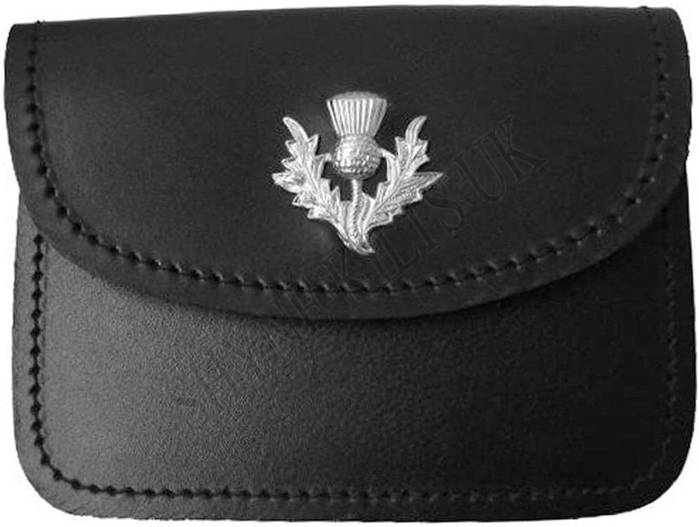 Mens Scottish Black Leather Kilt Belt Pouch Sporran With Thistle on Flap