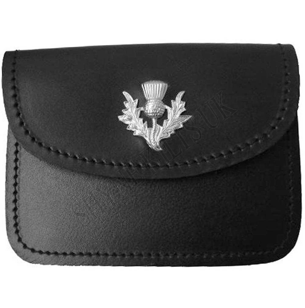 Men's Scottish Black Leather Kilt Belt Pouch Sporran with Thistle on Flap