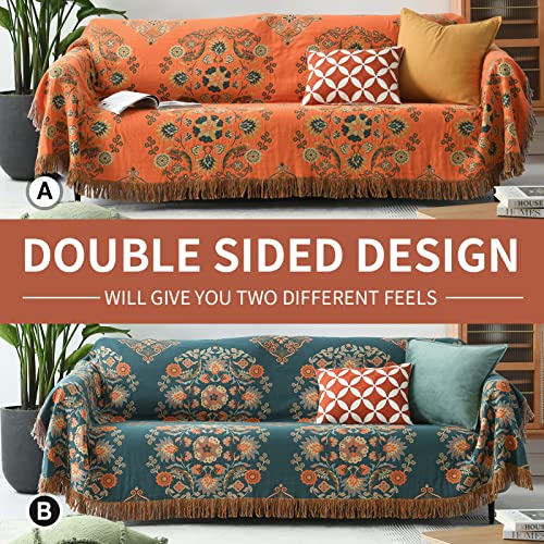 Pangushan Orange Bohemian Throw Blanket, Boho Queen Size Floral Blanket For Bed, Teal Throw Blanket For Couch Farmhouse Reversible Cozy Muslin Blanket, Oversized Outdoor, 90X98 #TOP3