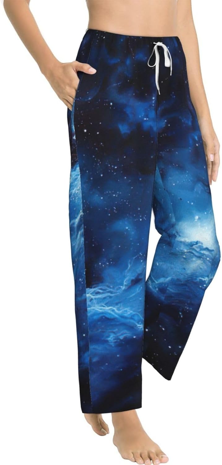 Blue Galaxy Print Fashion Cozy Womens Flannel Pajama Pants,Perfect For Christmas And Everyday Wear