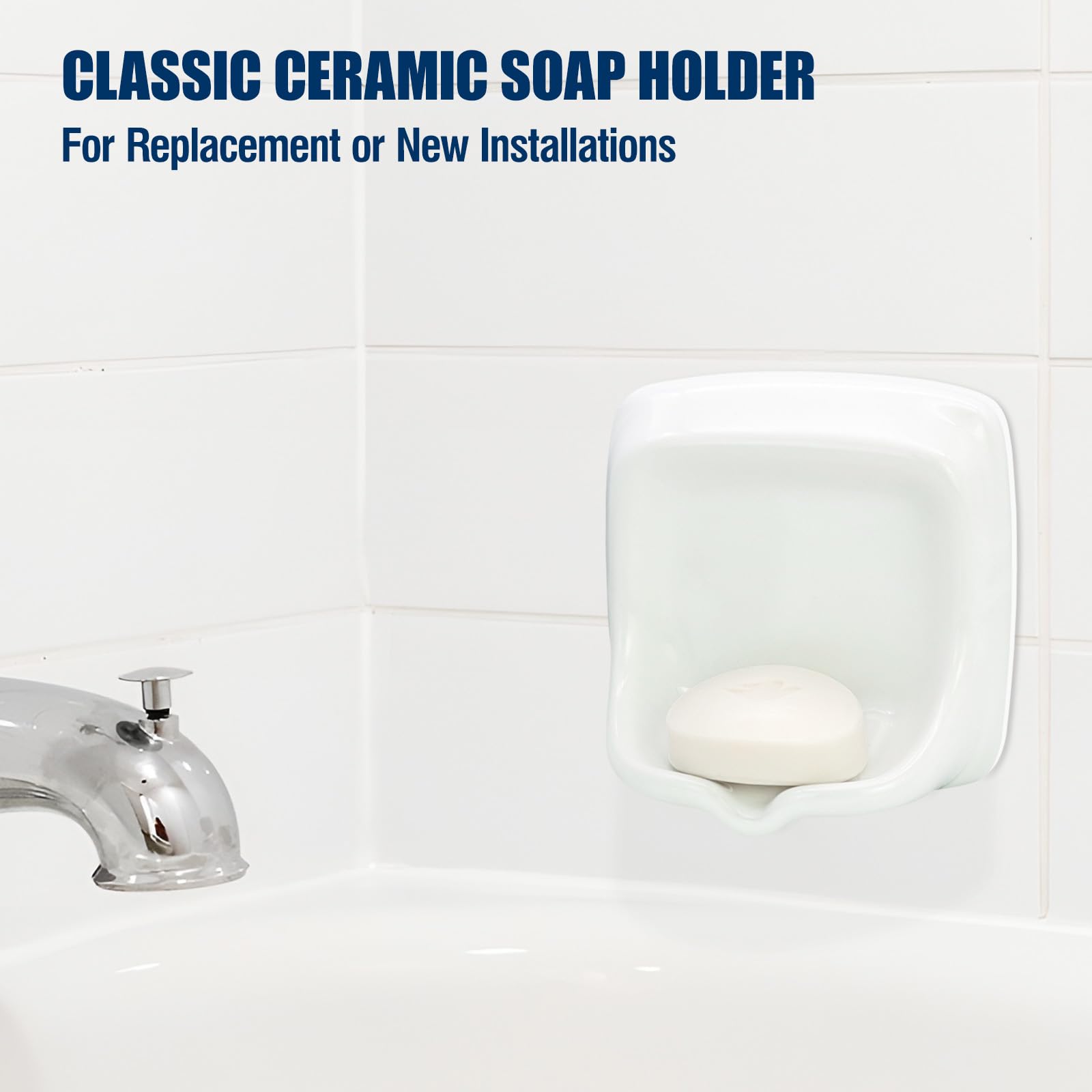 Jabonera clásica empotrada de cerámica – Soporte de jabón de montaje en pared resistente con diseño autodrenante, acabado blanco brillante – Fácil instalación de azulejos o azulejos para baño, ducha