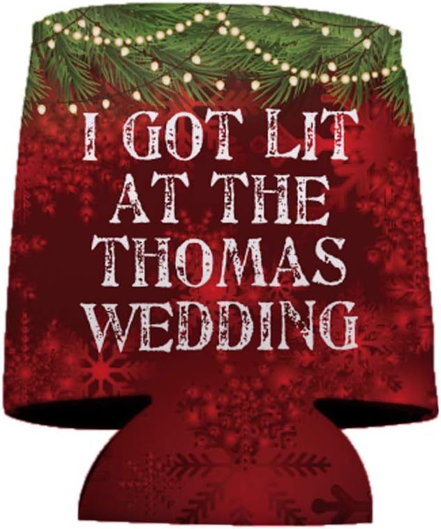 VictoryStore Custom Winter Wedding Can Coolers – “I Got Lit at the [Custom Name] Wedding” – Personalized Can Coolies Set of 25 – 16 oz Foam Beverage Sleeves, White Snow Design