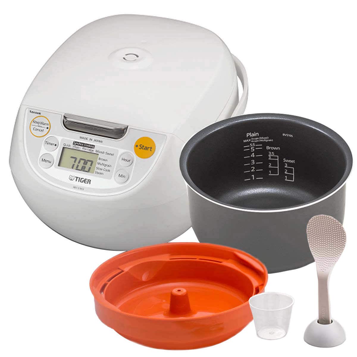 Tiger Japan Made Synchro-Cooking 5 5-Cup Micom Rice Cooker and Warmer with 10 Cooking Menu Settings Stainless Steel