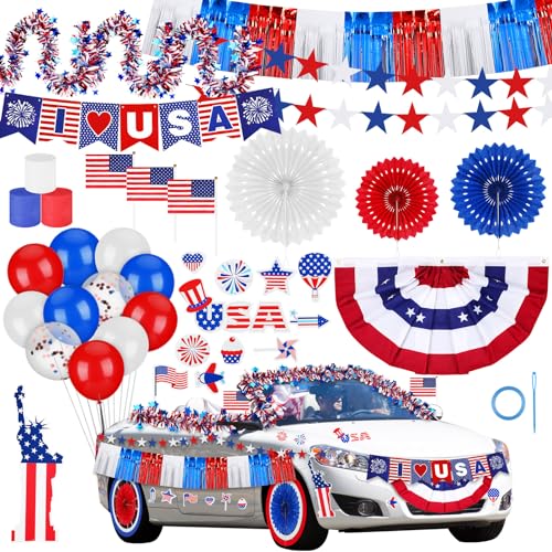 Sonwyoung 250th Anniversary Parade Car Decorations Kit 4th of July Patriotic Golf Cart Decoration Red White Blue Tinsel Garlands American Flag Crepe Paper Streamers Balloons Banners(Bright)