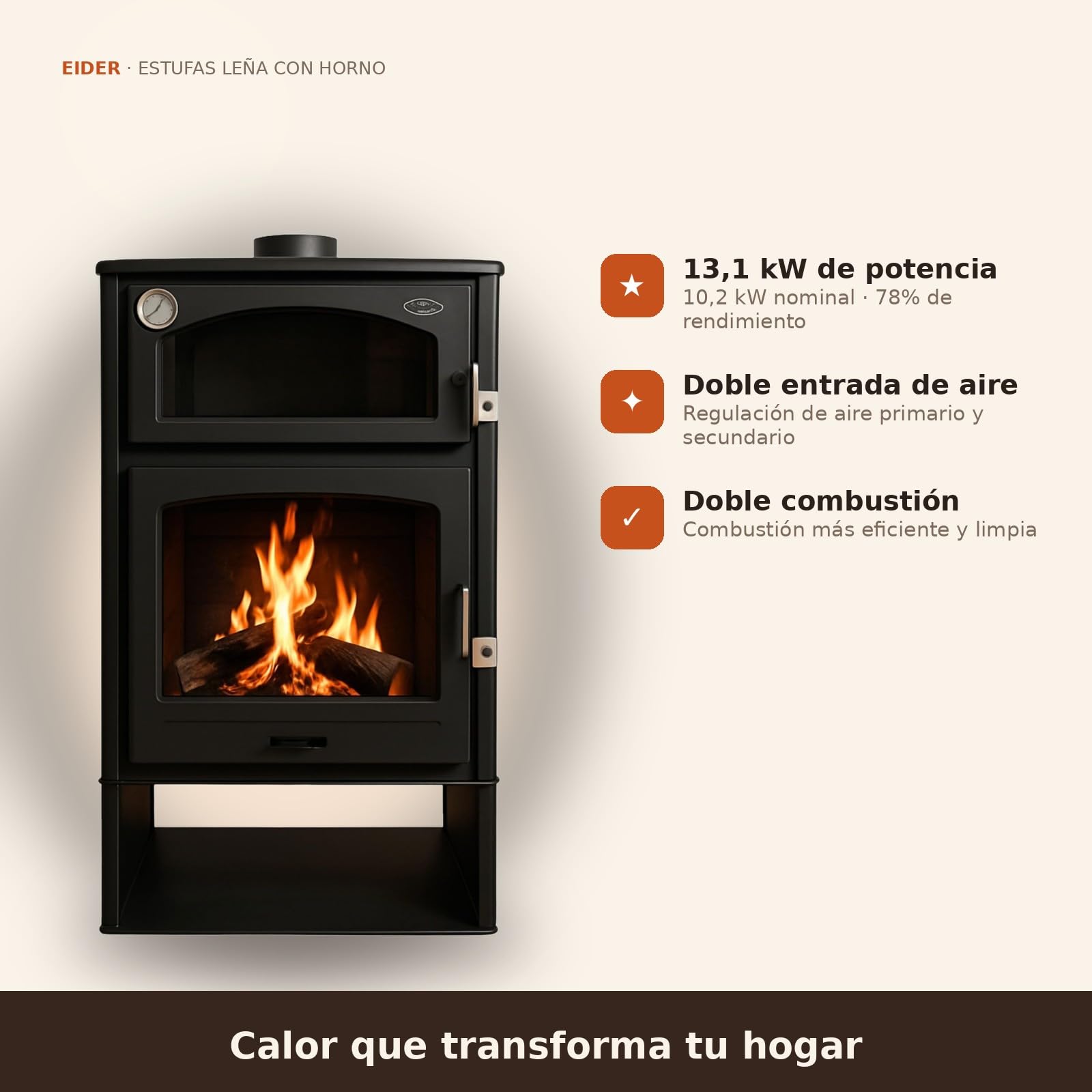 EIDER BIOMASA Estufa de Leña con Horno ASTON – Chimenea de Leña Interior – 10,2 kW (máx. 13,1 kW) – Rendimiento 78% – Hasta 255 m³ – Doble Combustión – Certificada CE