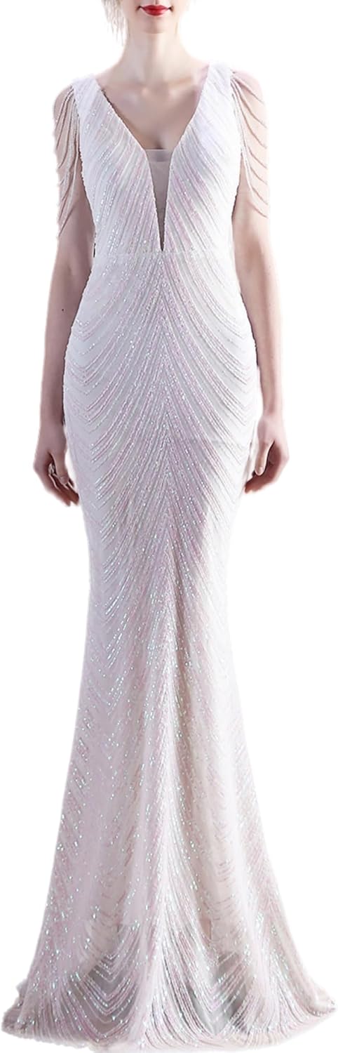 Women's Sparkly Prom Dress V Neck Tassel Bead Sleeve Mermaid Long Gown 1920S Party Formal Evening Maxi Dress