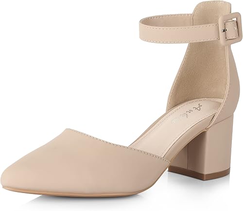 Ankis Tacones cerrados para mujer, tacones puntiagudos negros nude, dorados, plateados, de bloque bajo, gruesos, con correa para el tobillo, 2.25