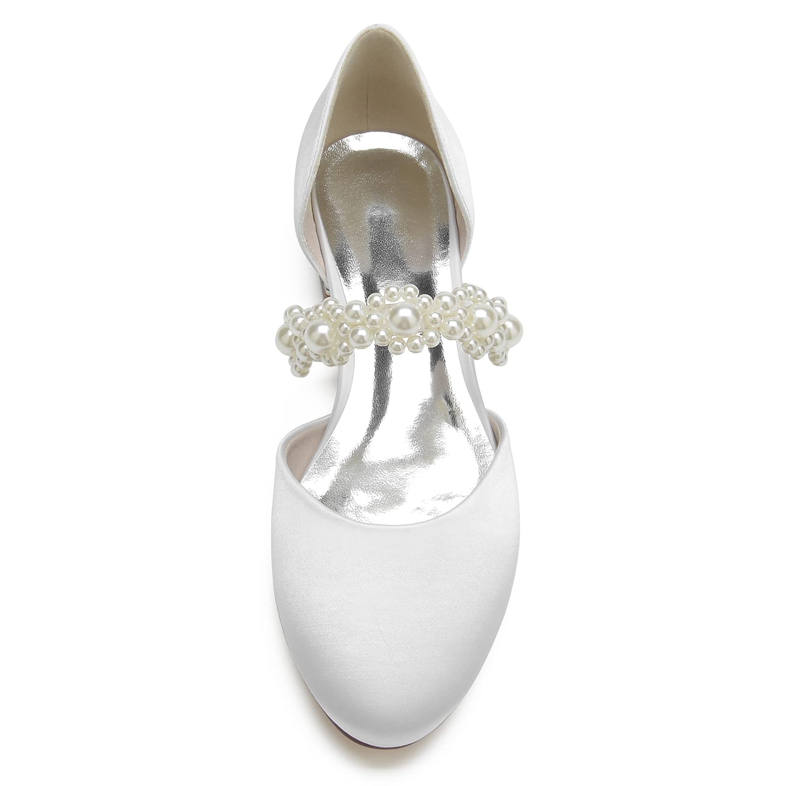 Perlen-Hochzeitsschuhe für die Braut, Satin Flache Spitze, Brautschuhe, runde Zehe Zehenbereich Brautschuhe mit Perlen Rückengurt