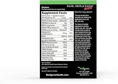 Miniatura 7 de Purvana Max Vitamina para el cabello, la piel y las uñas, 5000 mcg, biotina, ácido fólico, DMAE, extracto de semilla de uva, uno al día, soporte