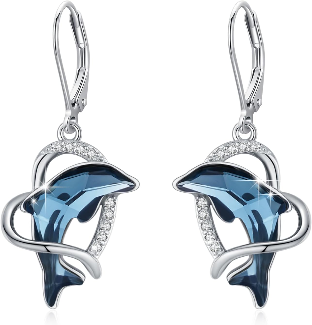 Dolphin Earrings for Women 925 Sterling Silver Blue Crystal Infinity/Heart Dolphin Earrings Animal Beach Jewelry for Women