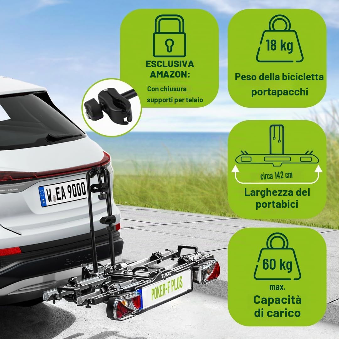 EUFAB 12012LASON - Portabici Poker-F Plus, con supporto per telaio chiudibile, adatto per e-bike, completamente premontato, per 2 biciclette, per gancio di traino, nero
