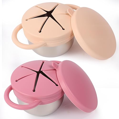Stainless Steel Snack Cups with Silicone Food Catcher, Travel Lid, Spill-Proof Baby Toddler Food Containers, Dishwasher Safe, 2 Pack