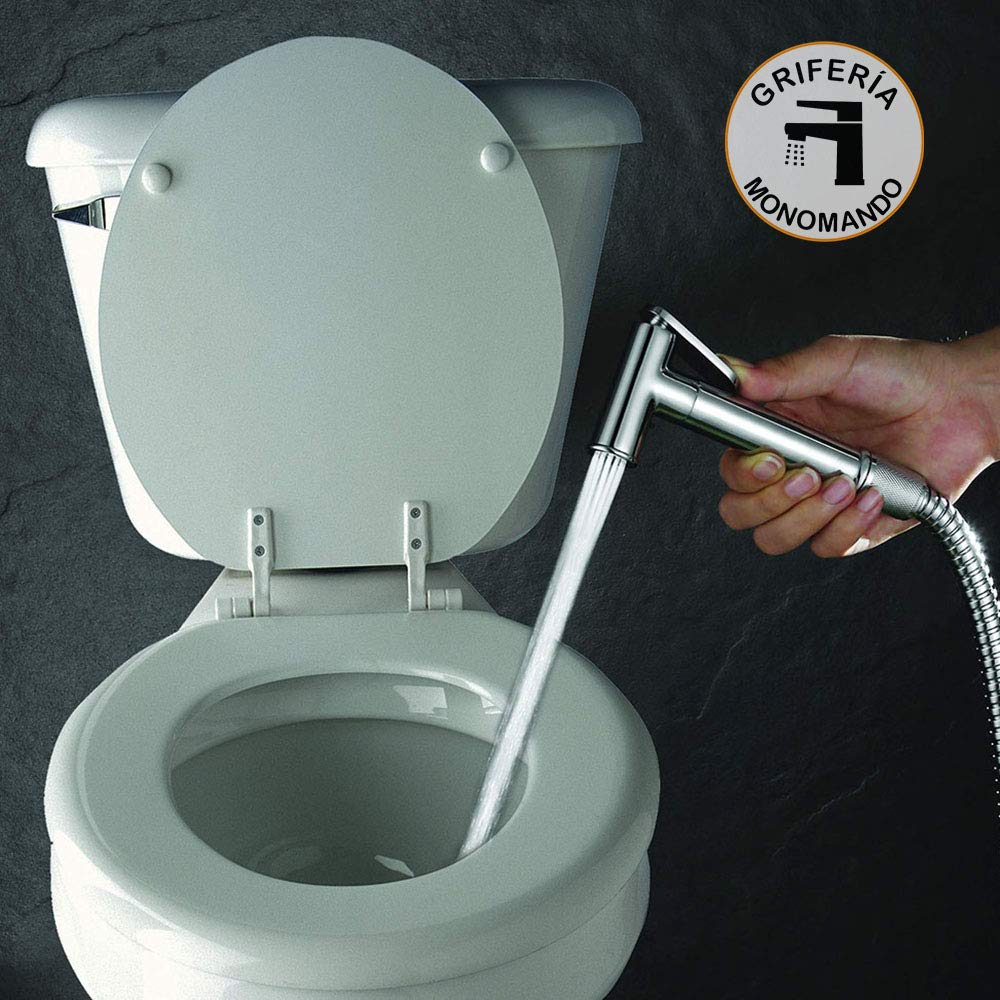 Kibath L473551 Grifo para el WC, higiene íntima para sustitución del Bidet, Monomando Agua fría y Caliente con Ducha de Mano. Diseño Redondo, Cromo Brillo