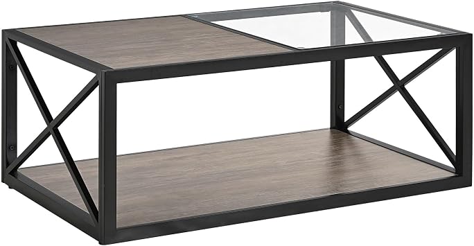 Modern Coffee Table with Tempered Glass and Rustic Wood Grain MDF, Industrial Style Center Table for Living Room, Bedroom, Small Spaces, Durable Metal Frame with Storage Shelf for Home Furniture Decor