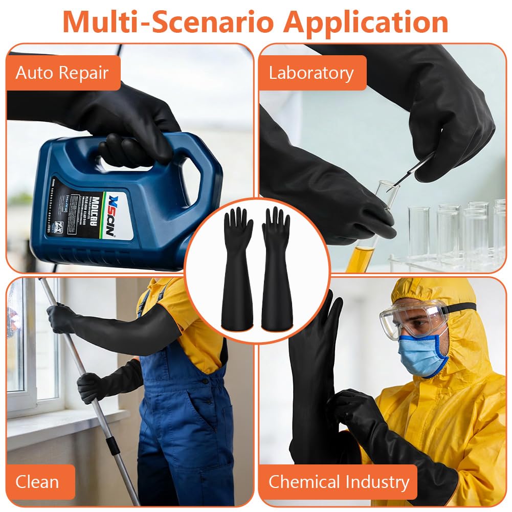 Guanti Resistenti a Sostanze Chimiche, 55 CM Guanti in Lattice Protettivi ad Alta Resistenza, Resistono a Forti Acidi, Alcali e Olio, Guantis per Uso Domestico e Industriale (Nero)