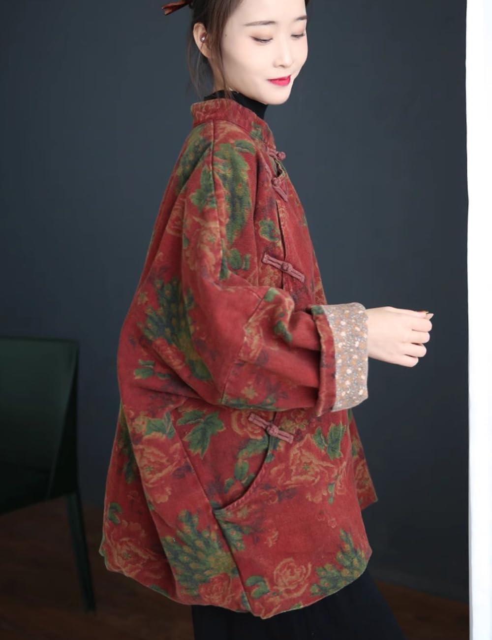 NFYM Women's Wealth Floral Pattern Stand Collar Chinese Jacket Traditional Frog Button Cheongsam Style Loose Padded Coat