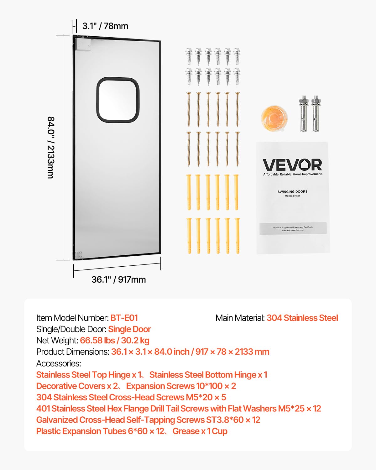 VEVOR Porta a Battente per Ingresso 917 x 2133 mm Pannello Singolo, Porte a Battente Commerciali in Acciaio Inox con Ferramenta e Accessori, per Uso Residenziale, Durevole e Facile da Installare