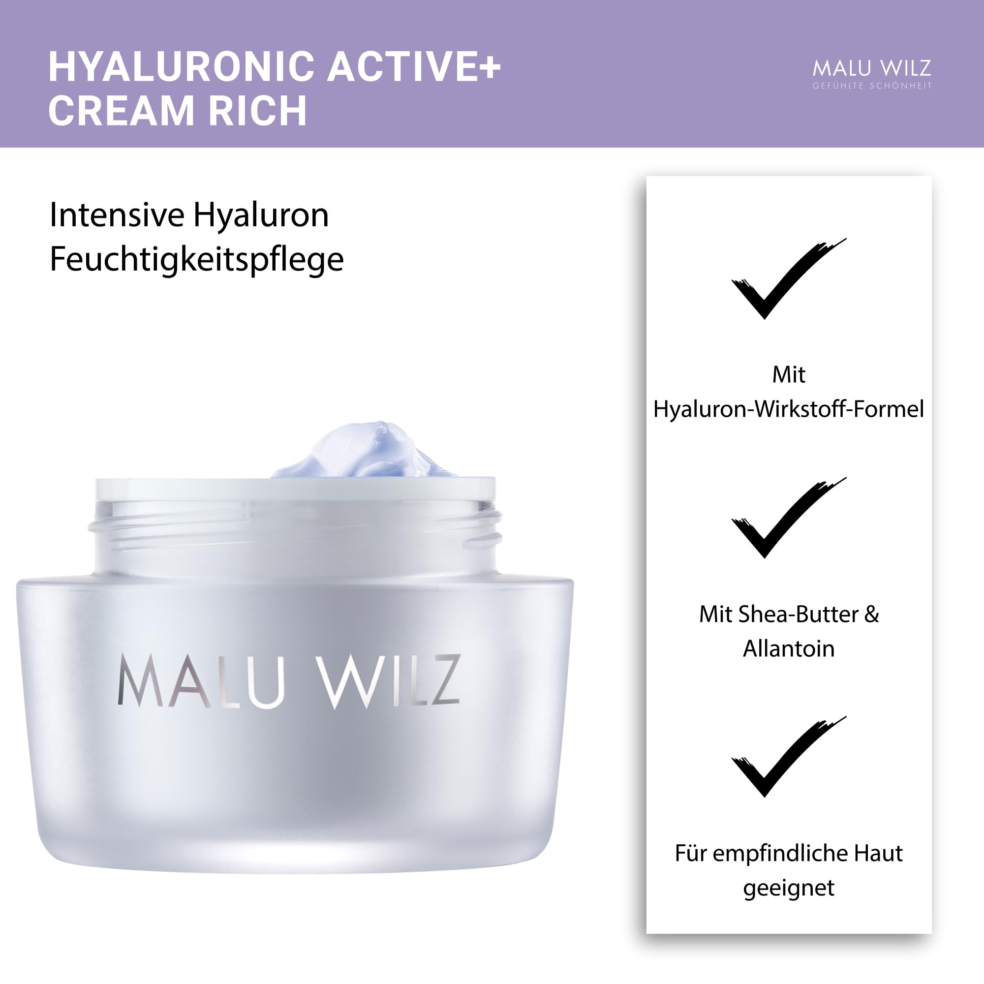 Malu Wilz Hyaluronic Active + Cream Rich 50 ml I Erfrischende Skincare Gesichtspflege-Creme mit Hyaluron-Wirkstoff-Formel mit Dual-Effekt I Booster I Vegan