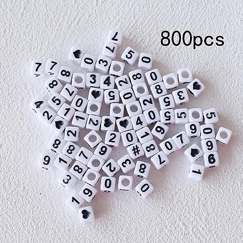HERZWILD Approx. 800 Number Beads 0-9, Round Craft Beads for Jewellery Crafts (6 x 6 mm White Black), 6 x 6 White Black - Image 2