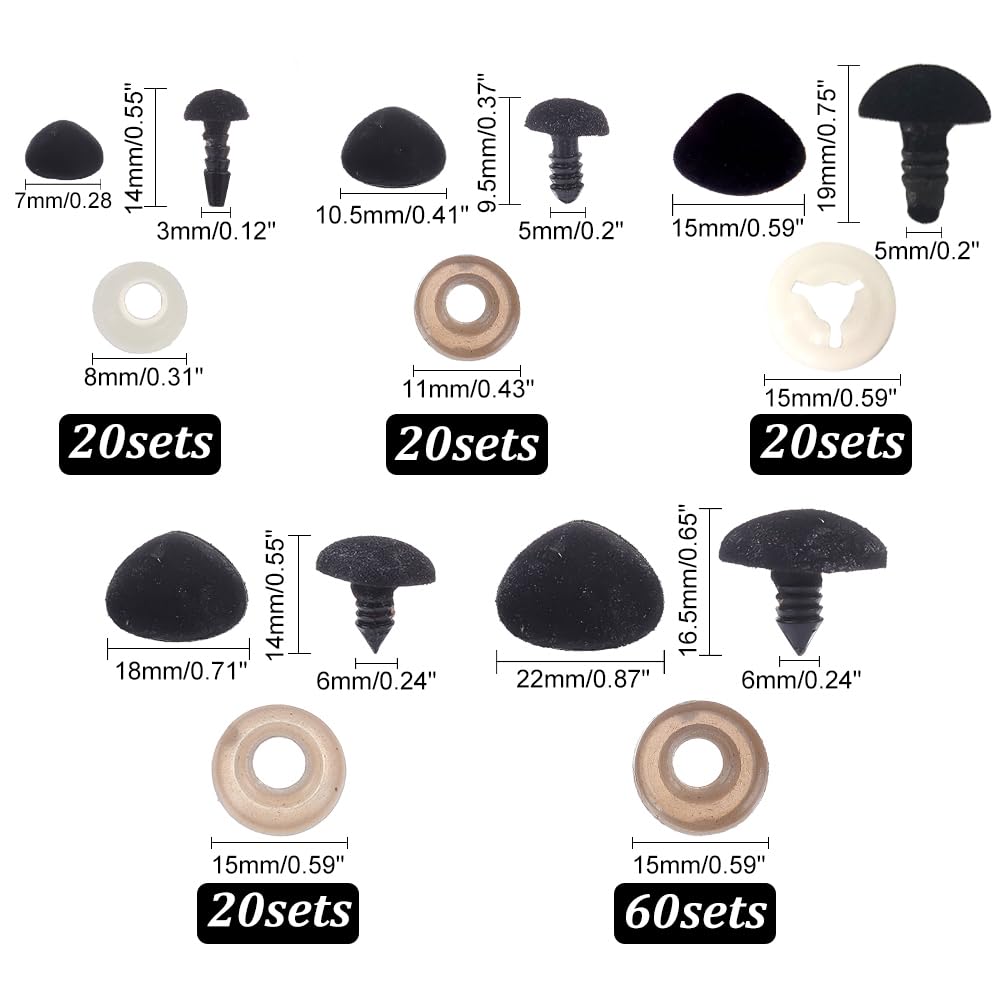 PH PandaHall 140 Set Nasi di Sicurezza Floccati 5 Stili Nasi Amigurumi Naso Nero Nasi di Animali di Peluche In Velluto con Rondelle per Burattini di Orsacchiotto Animali di Peluche 7/10.5/15/18/22mm