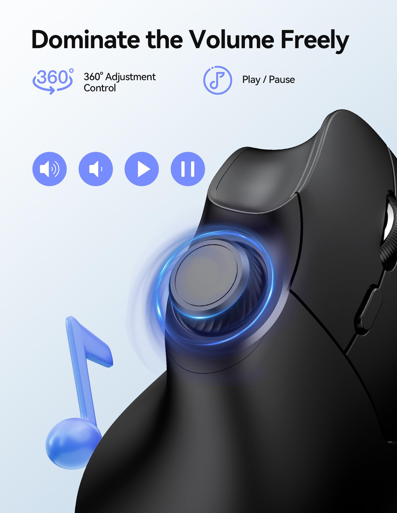 Ratón ergonómico, mouse inalámbrico recargable Bluetooth (BT 5.0/5.0+2.4G), mouse vertical con perilla de volumen, clics silenciosos, ratones inalámbricos 6 DPI ajustables con receptor USB A 2