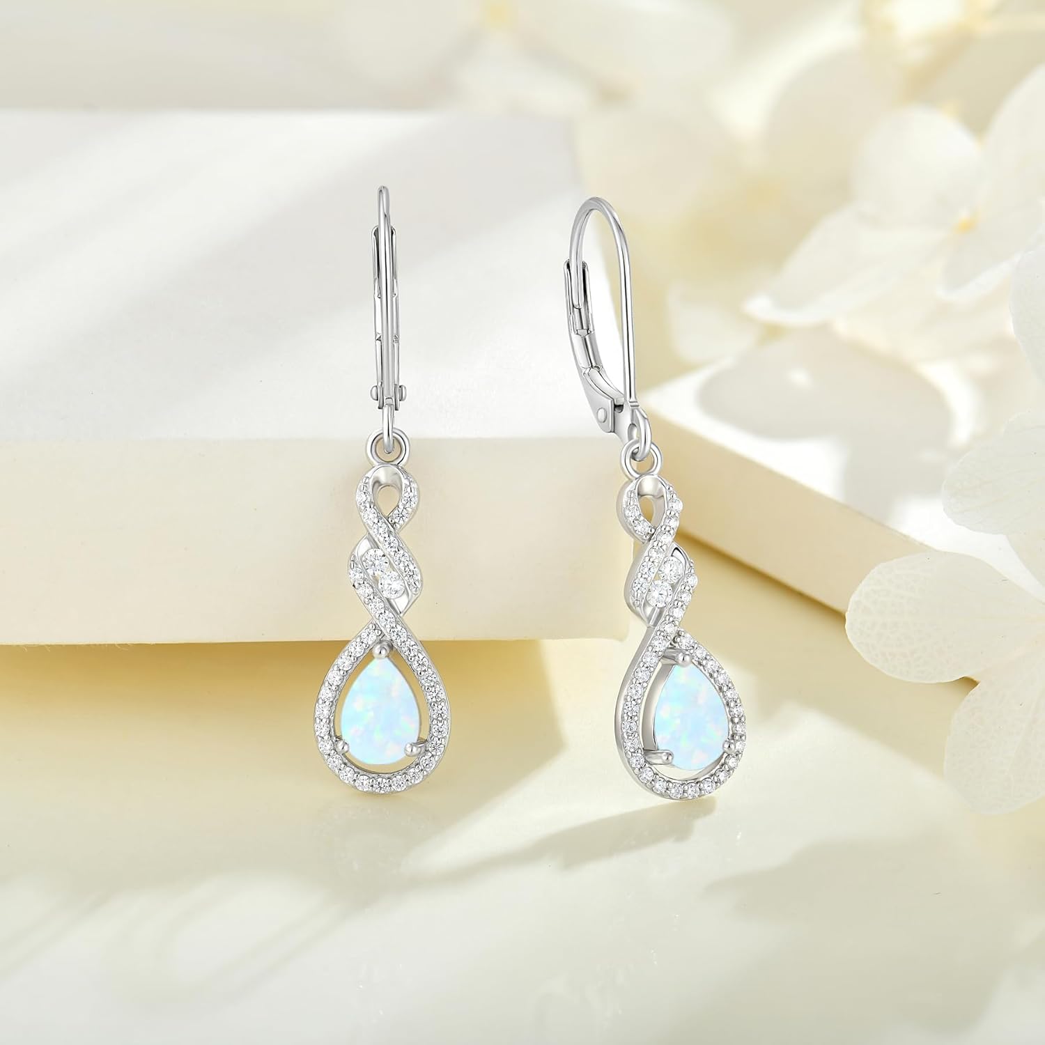 Infinity Drop Dangle Earrings 925 Sterling Silver Leverback Earrings Created White Fire Opal 5A Cubic Zirconia Jewelry for Women