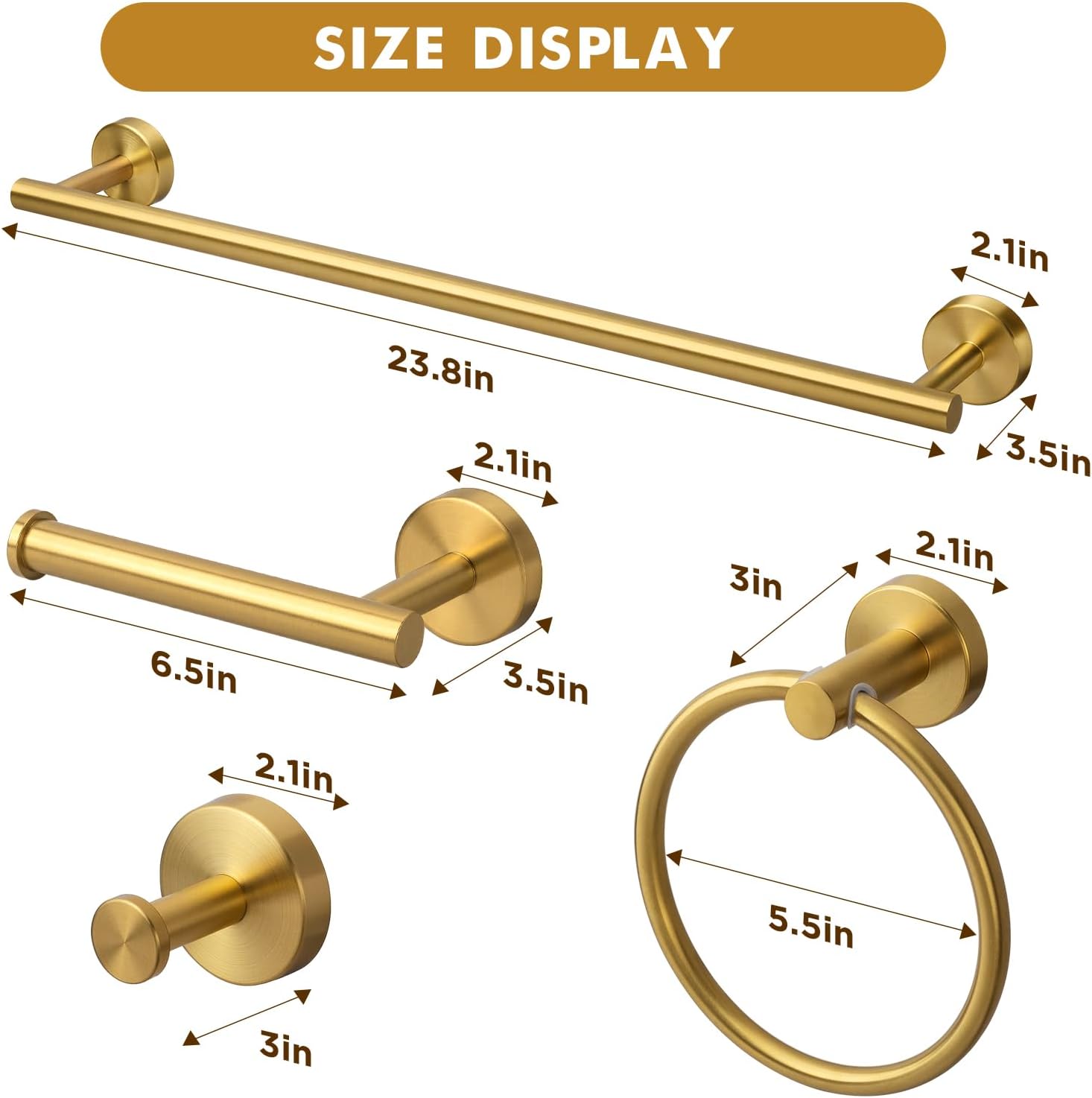 Gold Bathroom Accessories, 24” Towel Bar, Towel Ring Holder, Toilet Paper Holder and 3 Towel Hooks, Bathroom Hardware Set Wall Mounted