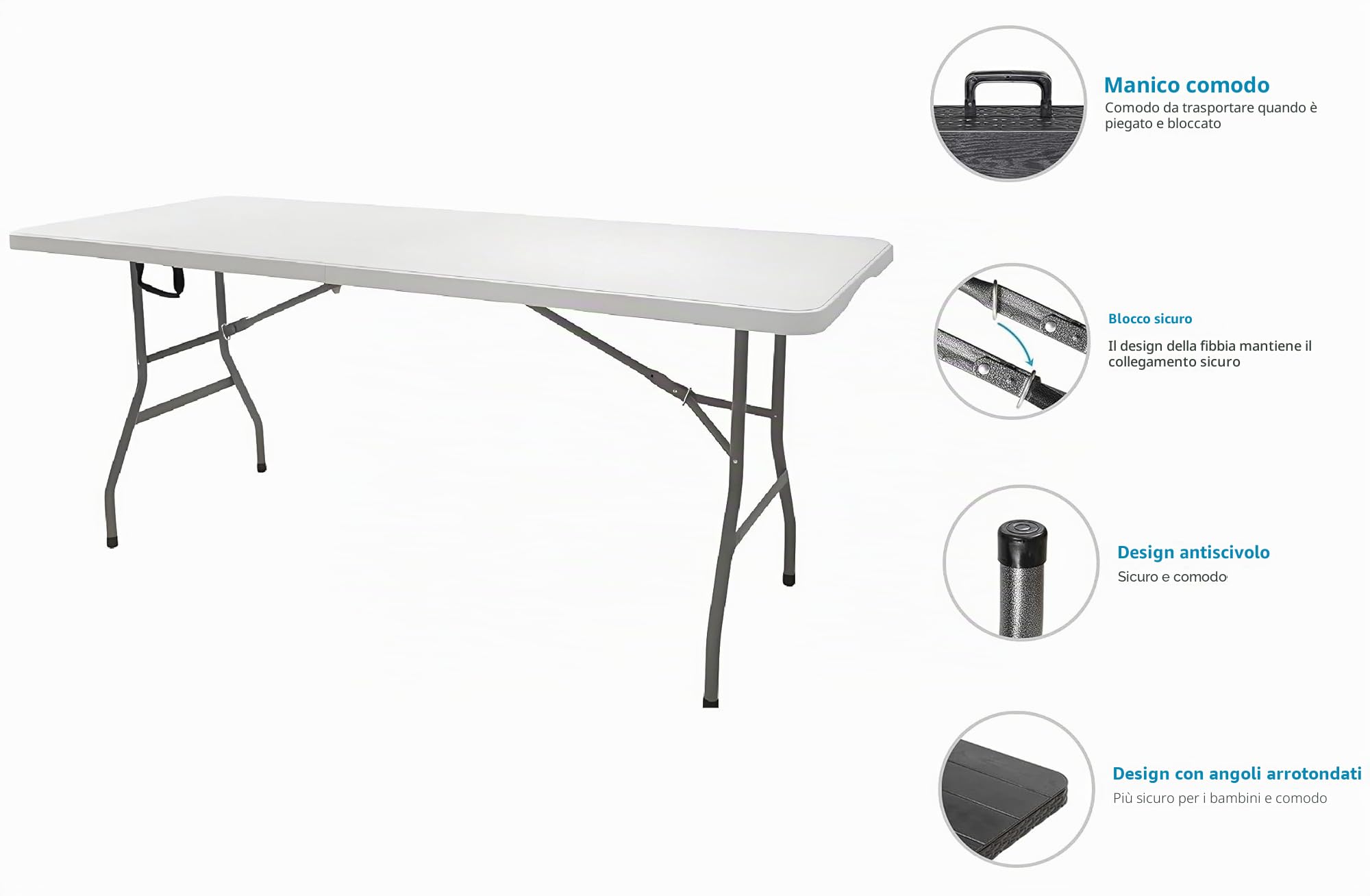 Tavolo pieghevole da esterno 180 cm, rettangolare per Jadin Camping, Picnic (bianco)