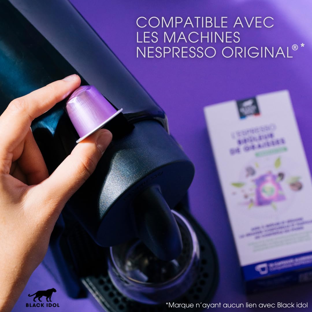 CAFÉ BLACK IDOL – QUEMADOR – Adelgazante – 100 CÁPSULAS – Intensidad 7 – Cápsulas de café compatibles con Nespresso®– Con antioxidantes naturales de té verde