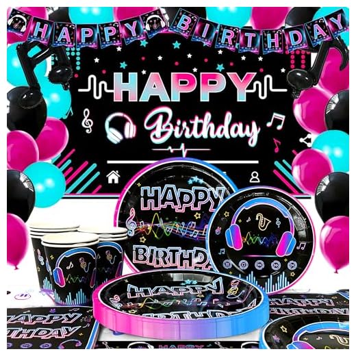 Decoracion Cumpleaños Music, 93 Pcs Set de Decoraciones y Vajilla para Fiesta - Globos, Fondo, Mantel, Servilletas, Platos para Cumpleaños de Niña