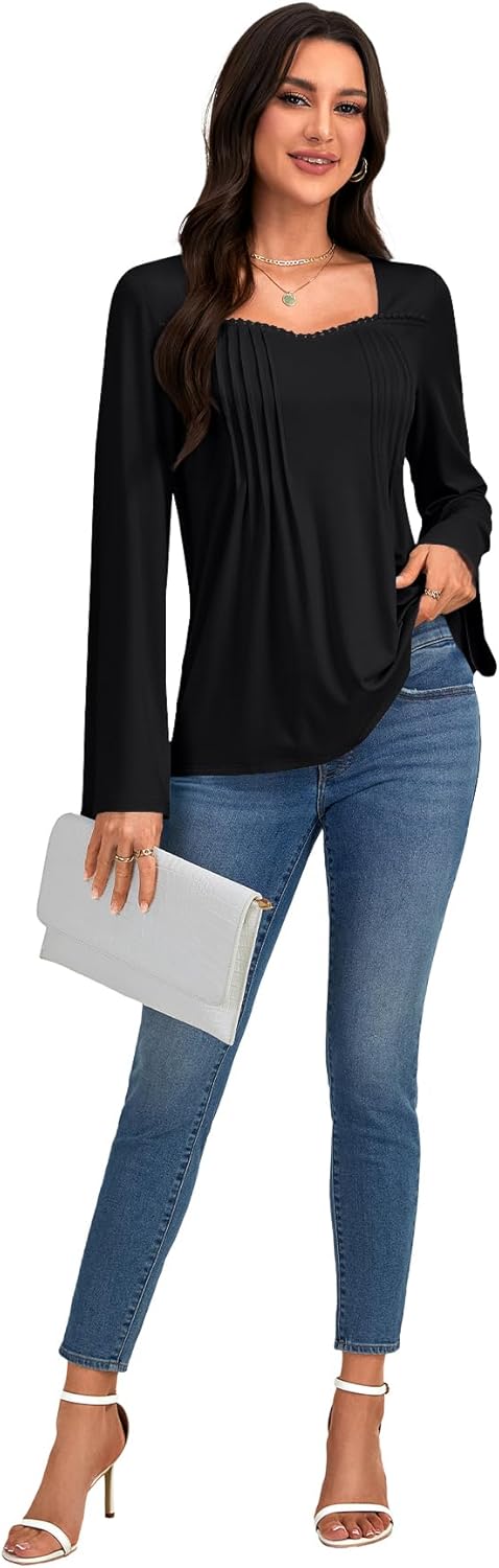 Umenlele Women's Sweetheart Neck Pleated Front Long Sleeve Casual Loose Tunic Tops Blouse - Image 5