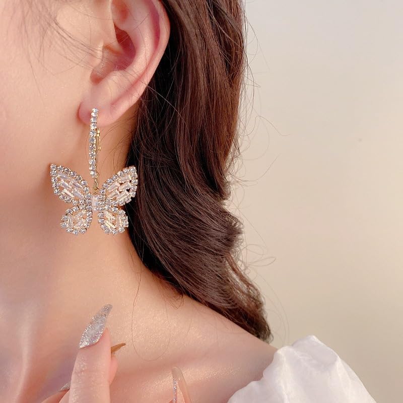 Crystal Butterfly Drop Dangle Earrings Chic Round Circle Open Earrings Tiny Cute Sparkly Rhinestone Drop Hoop Earrings Jewelry Gift for Women Girls - Image 2