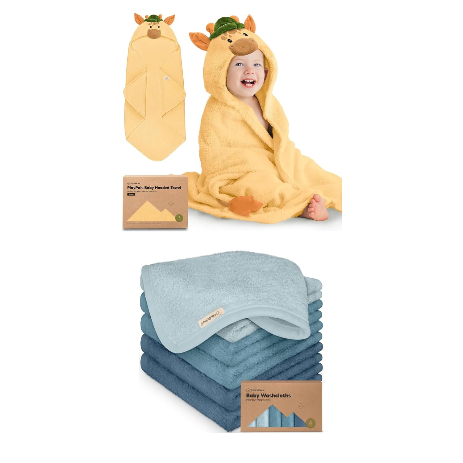 KeaBabies Baby Towel with Hood for Girls, Boys and Baby Washcloths for Newborn, Kids - Soft, Absorbent, 100% Cotton Hooded Towels for Newborns, Infant Bath Cloth and Face Washcloths