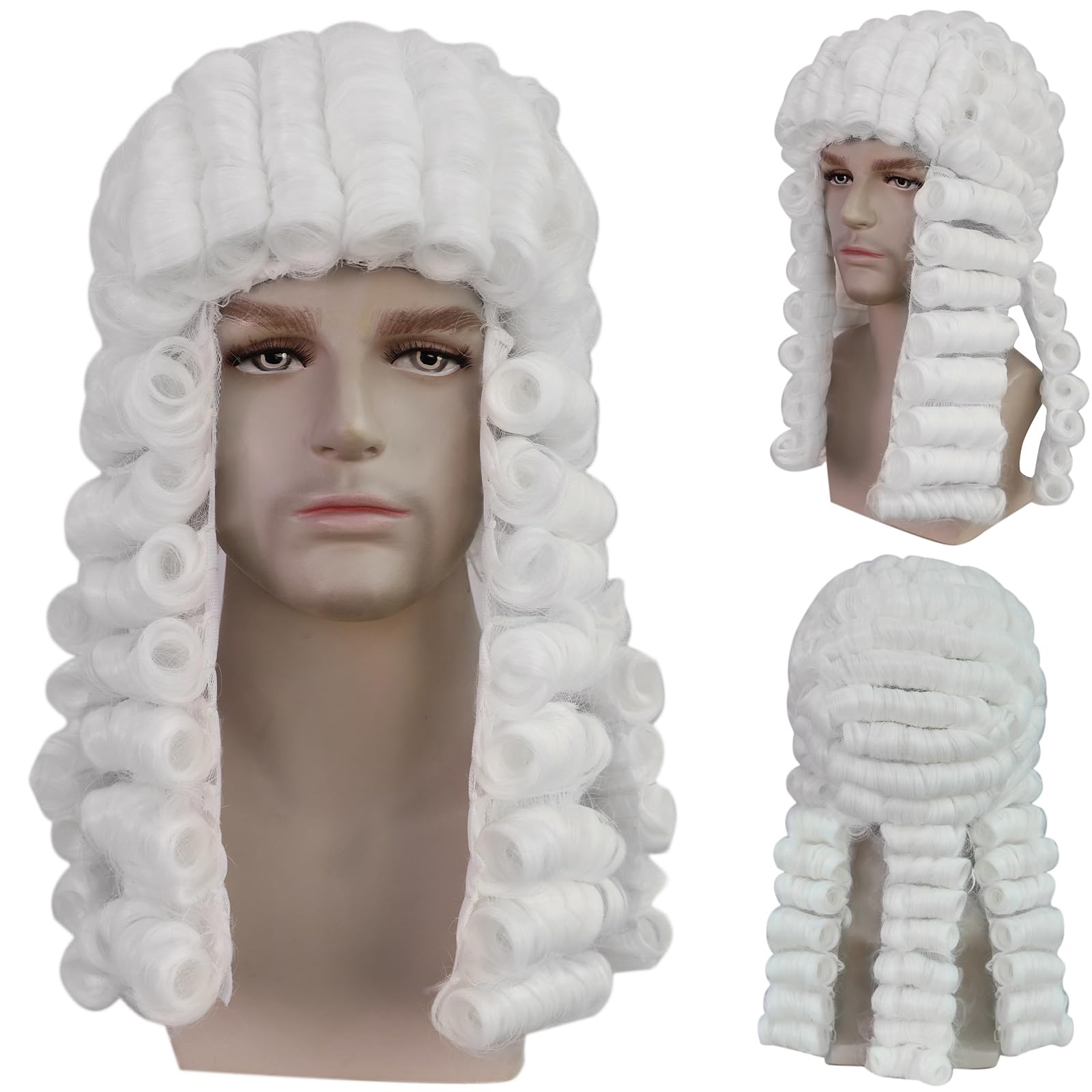 BECULINA Lawyer Wigs White Colonial Judge Wig with Hair Cap Long Curly Powdered Hair for Men Funny White Judge Wigs Peluca Blanca for Halloween Costume for Christmas Party